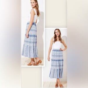 Loft Blue White Paisley Tiered Midi Skirt